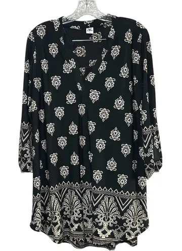 Sew In Love Black Beige Floral Print V Neck Long Sleeve Tunic Dress Medium boho