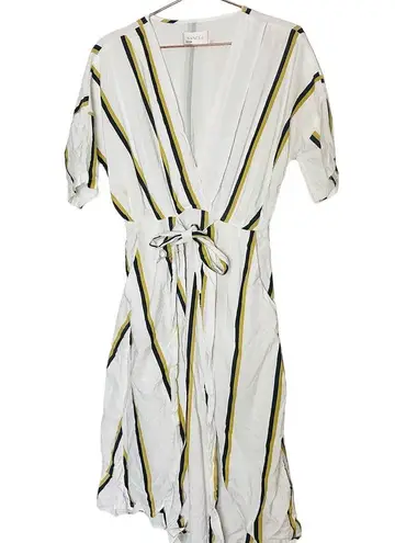 SANCIA Anika White Linen Blend Striped Waist Tie Midi Dress Size Medium