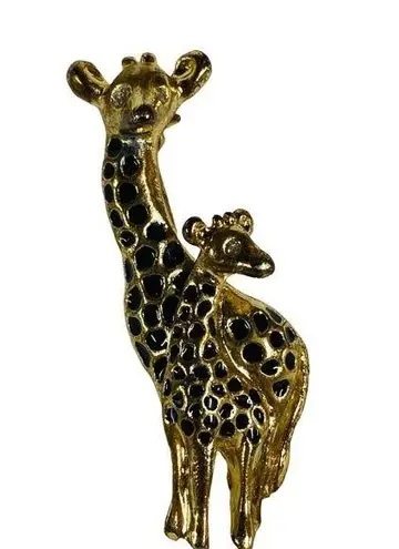 Giraffe Mother Baby Pair Vintage Pin Brooch Gold Color Black Spots 2 inches