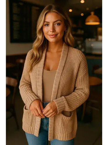 American Eagle  Chunky Knit Cardigan Open Front Pockets Beige L Cozy Buttery Soft