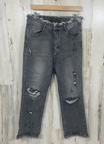 RISEN LOS ANGELES High Rise Distressed Jeans Frayed Hem Waist Dark Grey size 30 Black