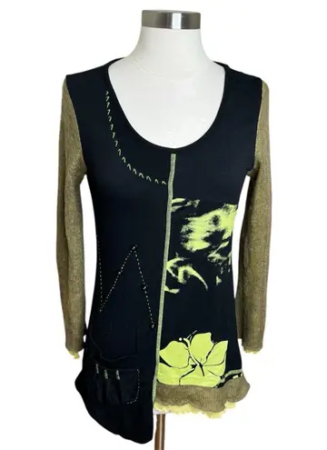 Dzhavael Couture Tunic Top Size Small Black Green Mesh Fuzzy Sleeves Artsy Y2k