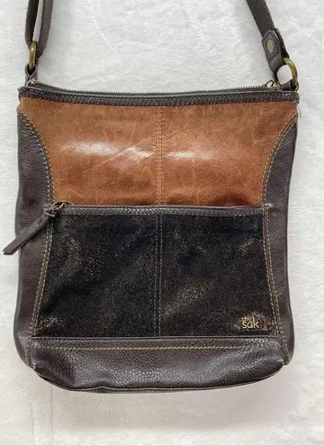 The Sak Iris Leather Crossbody Satchel bronze glitter panels stitching detail