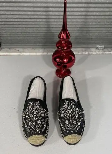 Botkier Black Leather SLOAN Rhinestone embellish Espadrilles Flat Shoes Women 6M