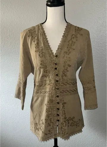 Inca Cottons Peru Large Washed Tan Embroidered Button Up 3/4 Sleeve V-neck Top