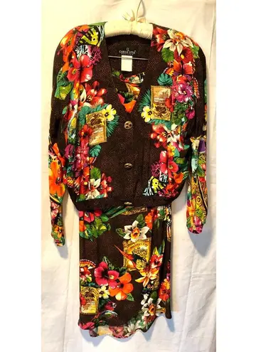 Vintage 90s CAROLE LITTLE Womens Wrap Side Split Maxi Skirt Set Tropical Sz S Black