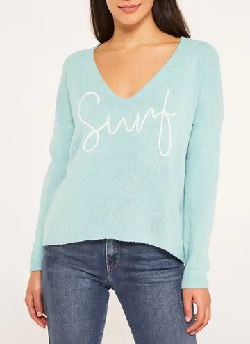 Mia & Tess Long Sleeve V Neck Surf Embroidered Sweater Teal Turquoise XL Blue