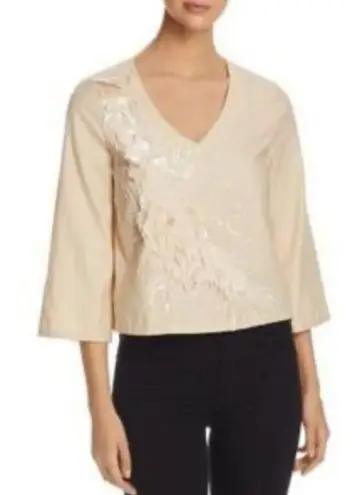 Badgley Mischka Embellished Top Sequins Floral Cotton V Neck Blouse Size 8 Tan