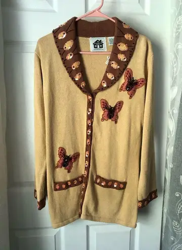 New Storybook Knits Women Sweater sz S button up Butterfly Embellished Cardigan