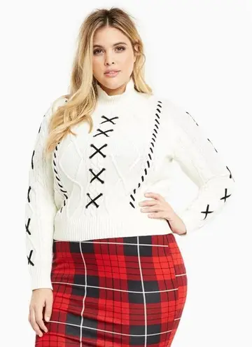 Torrid  Sweater Ivory Mock Neck Cable Knit Lace Up Pullover Plus Size 3X‎