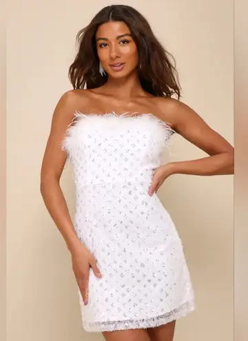 Lulus Sparkly Aura White Textured Sequin Feather Mini Dress XS