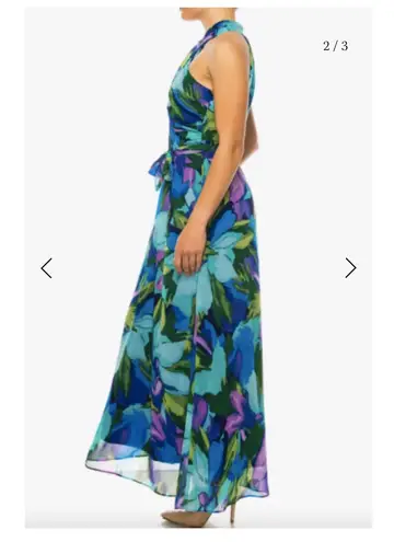 London Times Aquamarine Criss Cross Halter Neck Maxi Dress