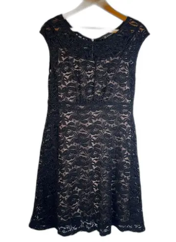 INC International Concepts Black Lace Overlay Fit & Flare Cap Sleeve Dress Sz 10