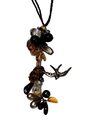 Retro Bee Rose Bird Bead Cluster Necklace Extra Long Y Drop 32" Boho Bohemian