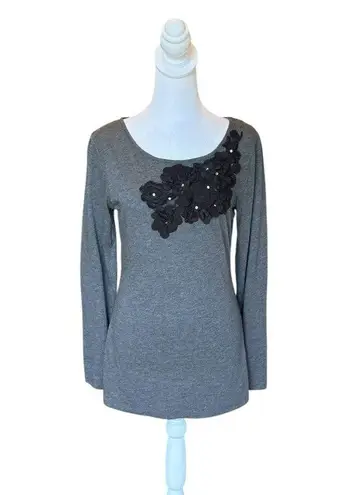 Garnet Hill Embellished Long Sleeve Top Womens Small Gray Black
