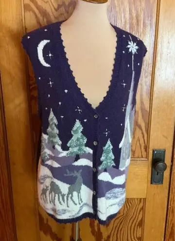 Vtg Y2K beaded winter scene cardigan vest Purple Size M