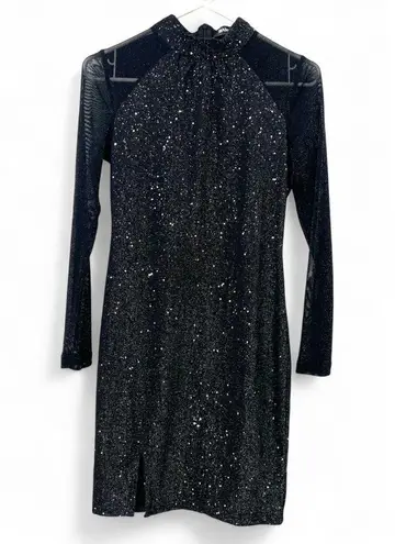 Allegra K XS Sheer Glitter Long Sleeve Mini Christmas Sparkle Bodycon Dress