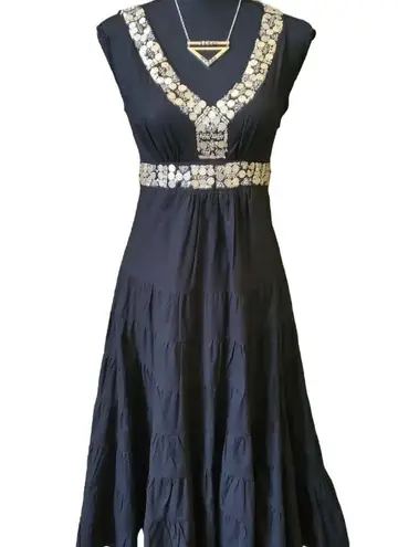 Sue Wong Black Beaded A-line Tiered Cocktail Dress Gold Belt India VTG Y2K Sz 4P