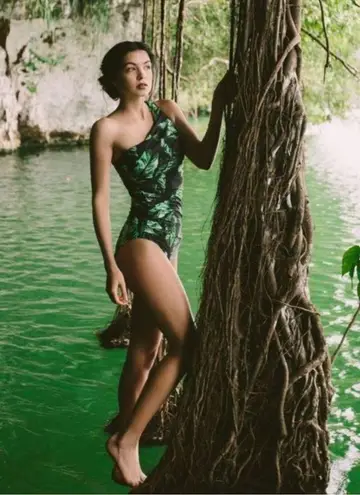 ALBION FIT Rio One Shoulder Swimsuit Size Small Black Green Tropical One Piece