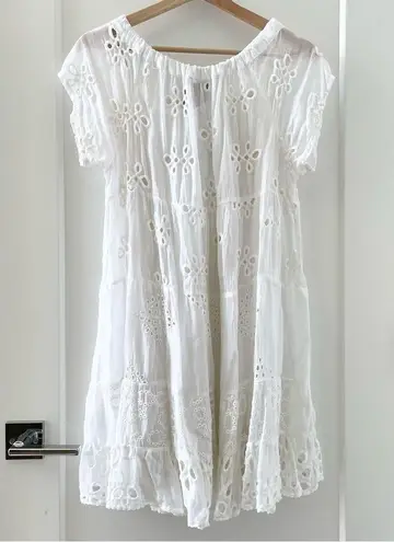 Johnny Was White Eyelet Lace Mini Bay Doll Dress Swim Coverup With Slip Size S