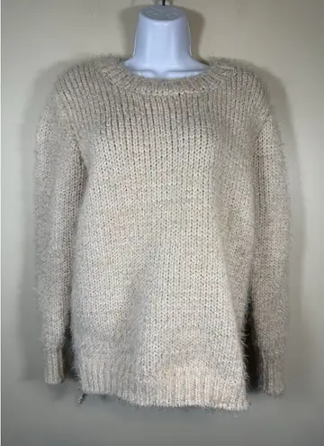 Elan Fuzzy Boucle Knit Sweater S Beige Soft Chunky Cozy Pullover Zip Up Back