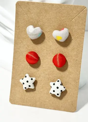 Polka dots & Heart Print Round Star & Heart Shape Fabric Stud Earrings 3 Pairs Red