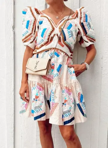 Sea New York Quin Mini Dress patchwork knit quilted BoHo size extra small XS Tan