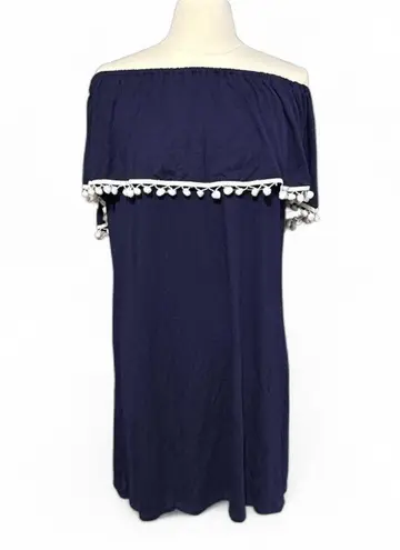 Cider NWT Off Shoulder Pom Pom Ruffle Dress Navy Blue XL