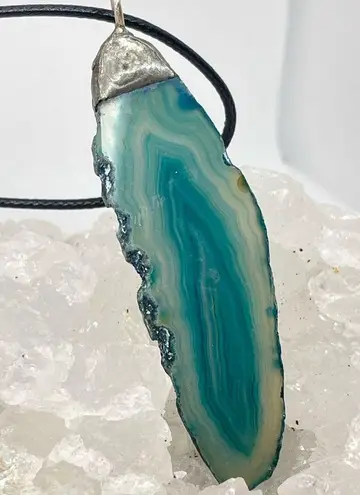 Brazilian Agate Slice Geode Pendant & Black Faux Leather Cord. Handmade