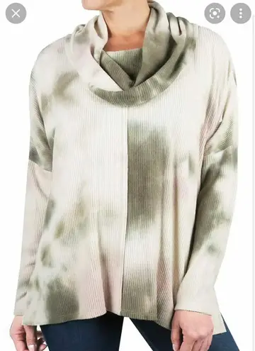 CHENAULT Tie Dye Cozy Seam Front Cowl Neck Pullover in Olive S NEW Green