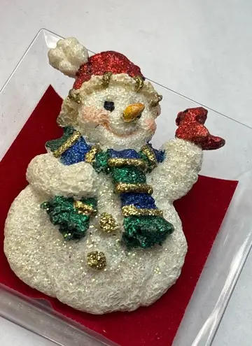 Vintage Glitter Snowman Lapel Pin Brooch Christmas Holiday Accessory White
