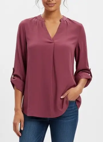 Soho New York & Company Jeans Mauve V Neck Roll Tab Sleeve Tunic Blouse Size S Purple
