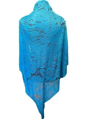 Ethereal Boho Witch Hippie Romantic Blue Sheer Floral Fringe Bandana Lace Shawl