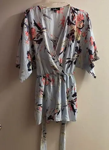 Lulu’s Womens Romper Shorts S Small Blue Floral Multicolor Ties V Neck NWT New