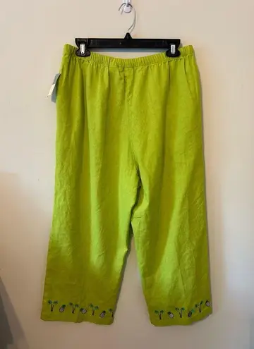 kim rogers  Linen Blend Pull On Crop Pants Size Large Green Embroidered Pineapple