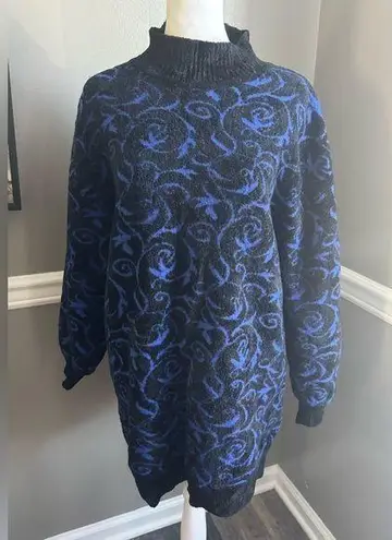 St. John Vintage Sweater Womens Large Chenille Scroll Floral 80s USA Made Blue