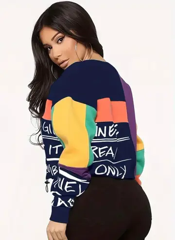 Fashion Color Block Letter Print Sweatshirt Women's Autumn Winter O-Neck Long Sl