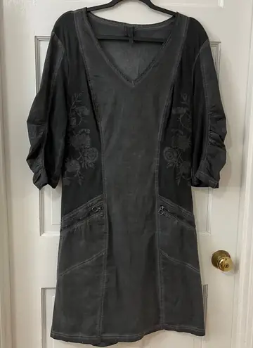XCVI Sz L Embroidered Boho Gothic Mixed Media V Neck Tunic Dress Charcoal Gray - Image 1