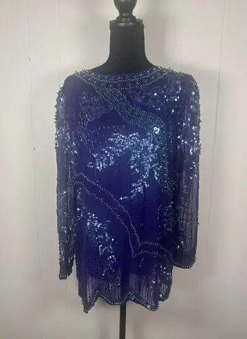 carlei lei sheer hand beaded vintage blouses scallop hem purple size 10