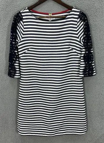 Eliza J Sheath Dress Womens 8 Black White Striped Lace Zipper Accent Preppy Twee