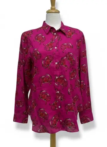 J.Crew  Shirt Sz 12 100% Linen Pink Button Down Ling Sleeve Crab Print Coastal - Image 1