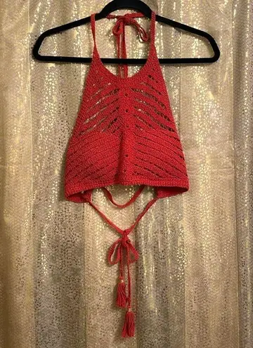 Crocheted burnt rust orange high neck halter boho bikini swim top, size M/L Orange Size M