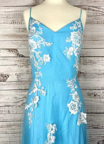 JJ's House New Formal Sky Blue Flower Floral Lace Overlay Mesh Prom Wedding Gown Maxi Dress