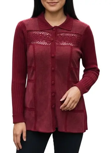 J. Jill Rustic Red Wool & Suede Patchwork Long Cardigan Medium Tall