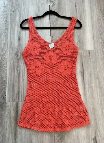 Free People  M Orange Beachy Boho Floral Crochet Knit Sheer Top