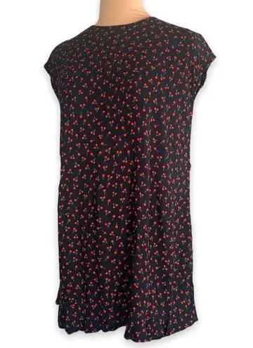 Popsugar  Dress Black Mini Cherry Fruit Print Ruffle Hem Cap Sleeves Open Back