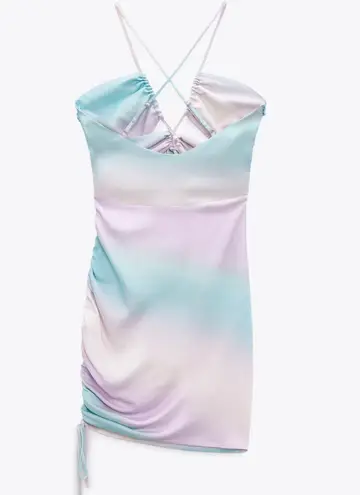 ZARA New  Pastel Tie Dye Satin Ruched Cut Out Mini Dress Size XS