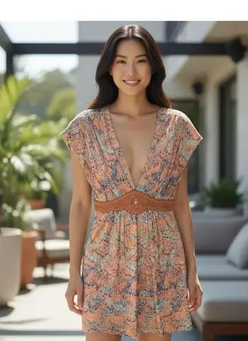 Sky ✽ Silk Plunging V Neck Corset + Stone Mini Dress ✽ Peach Print ✽ XS ✽ Celeb Pink