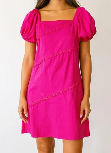 Taylor Tillman Square Neckline Puff Sleeve Mini Dress in Fuchsia Pink