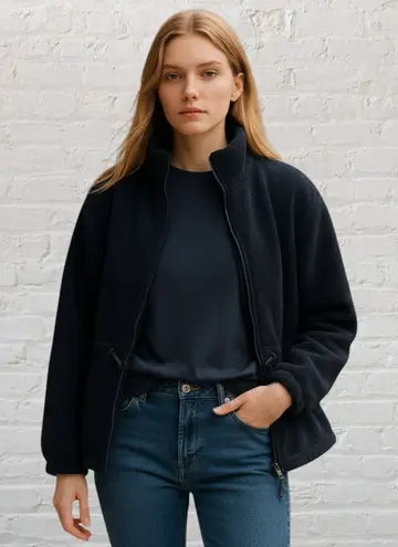 Woolrich Jacket L Vintage Sherpa Fleece Full Zip Navy Blue Cinched Waist